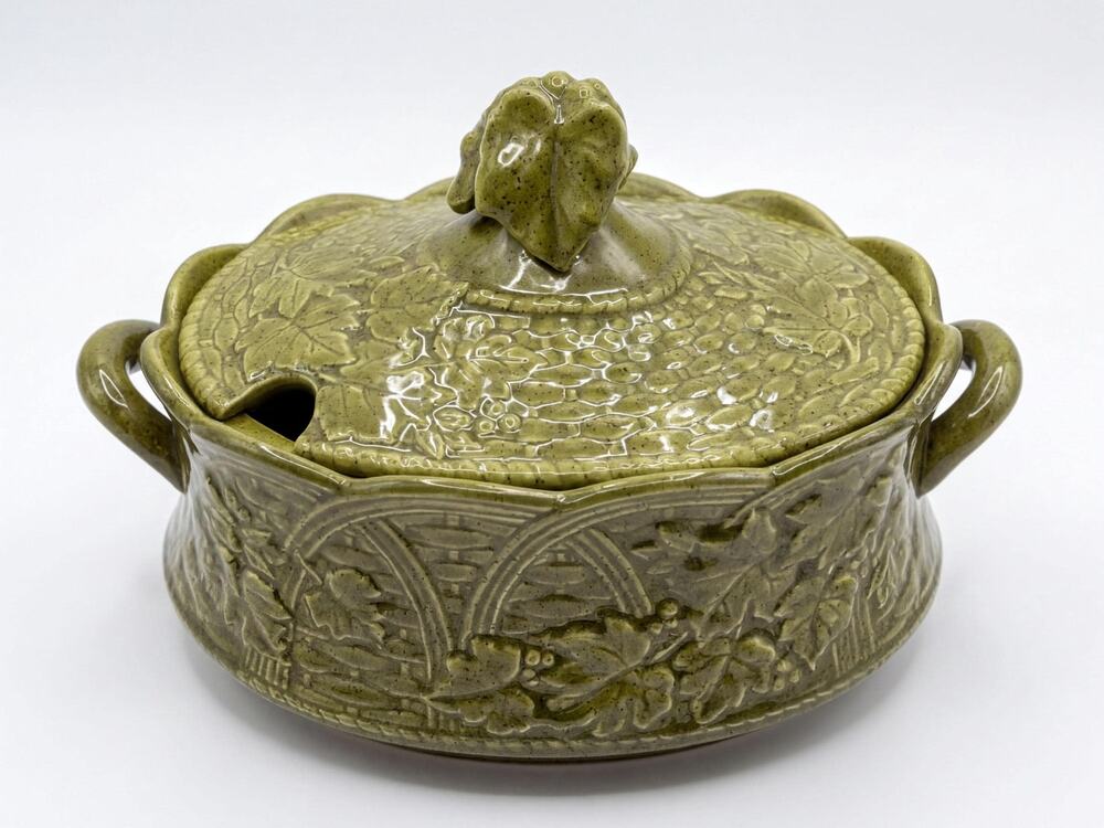 Grape Leaf Majolica Tureen: Vintage Covered Casserole (Basketweave Texture)